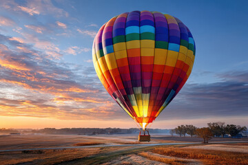 Obraz premium Hot air balloon floats above a field at sunrise in peaceful countryside setting