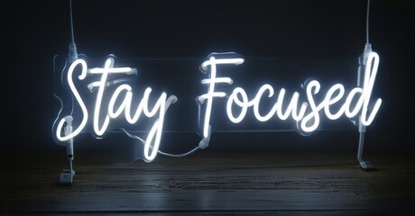 Fototapeta premium Bright neon sign displays Stay Focused. Dark background emphasizes glowing script. Simple, motivational message presented stylishly.