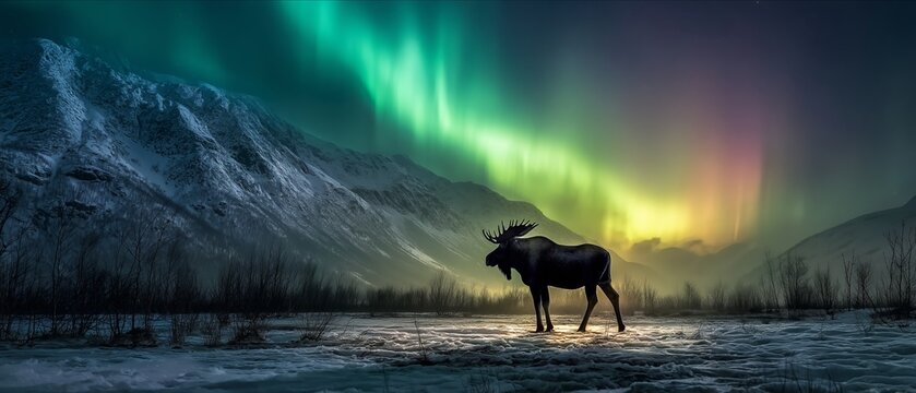 A lone moose stands silhouetted under swirling aurora borealis over snowy mountains majestic and serene. The scene captures Arctic wonder, wilderness, and natural spectacle.