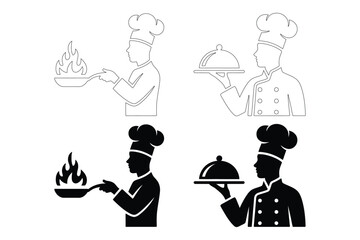 Chef Icon Set: Cooking Flames and Serving Cloche - Vector Graphics