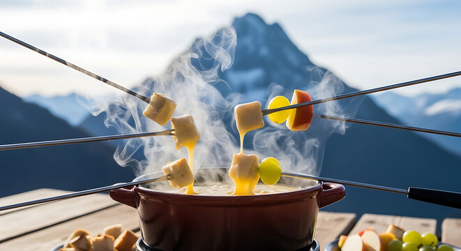 Traditional Swiss Cheese Fondue with Bread and Fruit Against Alpine Mountain Backdrop