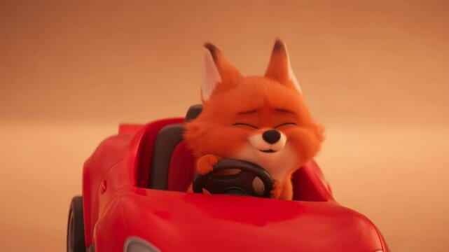 Cheerful animated fox character driving red car toy vehicle adventures and fun cartoon animation rendering happy isolated on brown background
