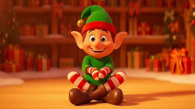 Cheerful christmas elf sitting in festive room ready for holiday season celebrations with holiday decorations and lots of presents