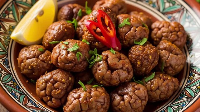 Delicious Meatballs with Lemon and Chili: A close-up view of a tantalizing serving of richly flavored meatballs, garnished with fresh cilantro, a vibrant chili, and a zesty lemon wedge.