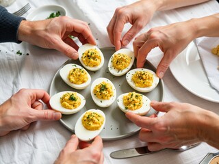 People taking deviled eggs from sharing platter