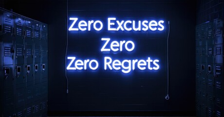 Neon sign displays motivational phrase amidst school lockers. Dark background emphasizes bright blue illumination, creating dramatic effect.