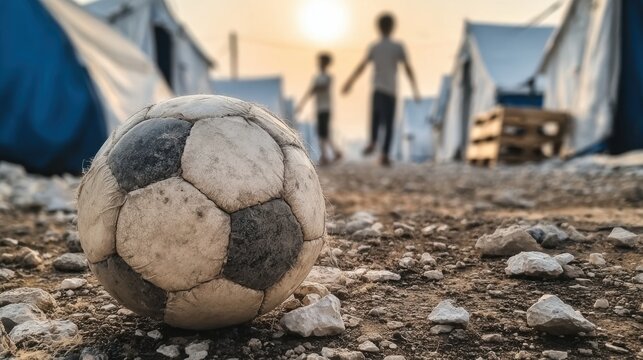A dirty soccer ball on a dusty road and blurry, faceless children&lsquo;s figures in background illustrate the appalling living conditions and difficulties that children face every day in the conflict area