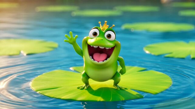 Happy cartoon frog prince waving on lily pad in pond cheerful animation for kids and family entertainment