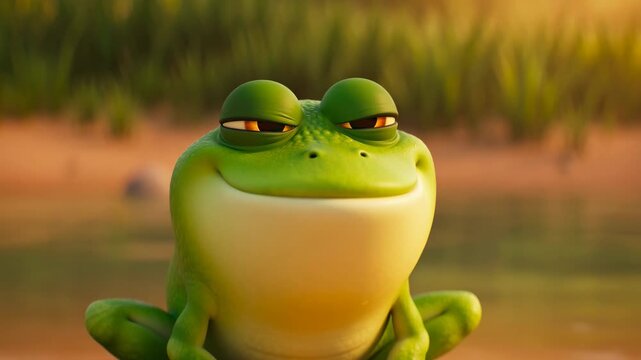 Playful animation of a charming green frog character with a sly expression in a natural outdoor setting