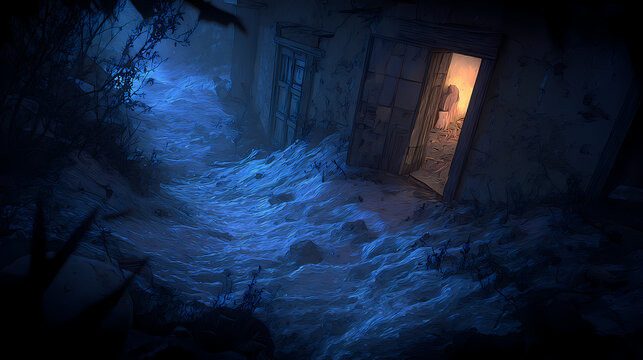 An old abandoned house and factory inside a dark cave with ancient stone walls and empty ruined rooms