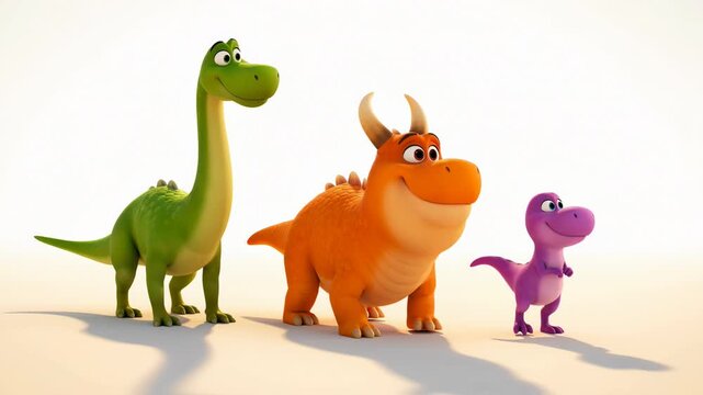 Three cartoon dinosaur characters standing together on a white background animation for childrens storytelling
