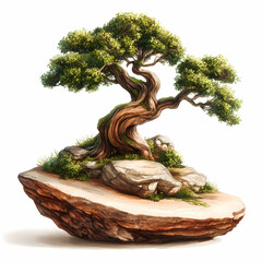 Fototapeta premium An ancient golden dragon sculpture spirals around a traditional Japanese bonsai tree isolated on white, blending oriental art and Buddhist temple culture into a majestic travel symbol of the East
