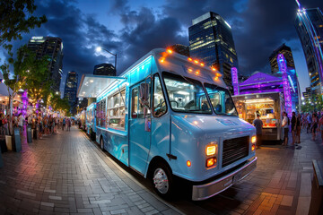 Naklejka premium Food Truck at Night City Street Festival
