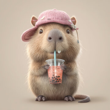 A cute, fluffy brown guinea pig wearing a tiny domestic cap sits as an isolated portrait of a small, furry rodent pet