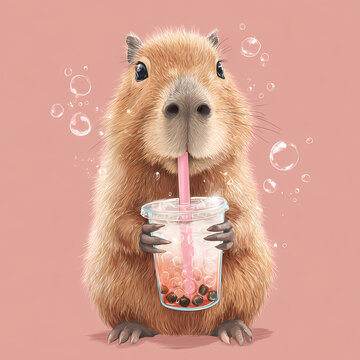 A cute, fluffy brown guinea pig wearing a tiny domestic cap sits as an isolated portrait of a small, furry rodent pet