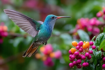 Fototapeta premium A Colorful Hummingbird Hovers Near DewKissed Berries and Flowers