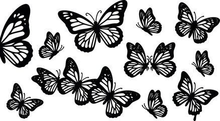 Fototapeta premium Line art butterfly silhouette set multiple angles close up decorative wing patterns cluster composition vector icons black and white isolated