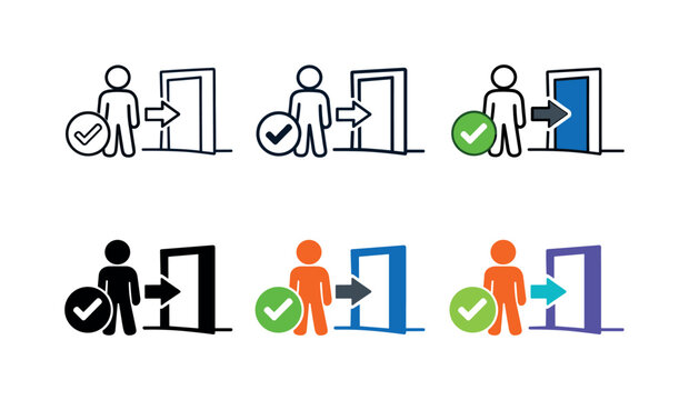 Staff induction concept showing a newcomer character alongside guidance symbols such as checkmarks and entry indicators,