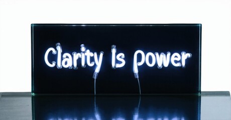 Fototapeta premium Neon sign displays text Clarity Is power. Black background, reflective surface below. Simple, modern aesthetic. Bright illumination.