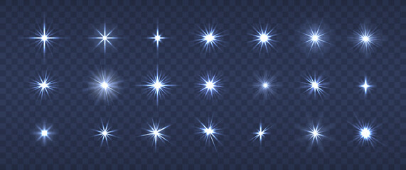 Glowing bright sparkle light effects set. Realistic glow, flare, starburst and lens glare radial beams. Festive celebration overlay glamour vector design elements © ksania