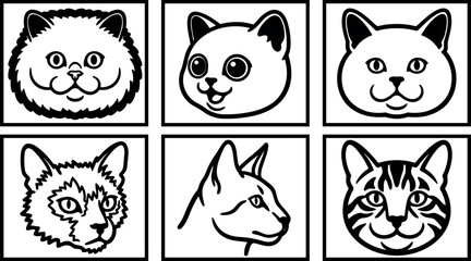 Fototapeta premium Line art cat head grid six framed icons black and white vector portraits in minimalist style close up mixed angles