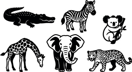 Fototapeta premium Flat silhouette vector animal collection showing elephant giraffe zebra leopard crocodile koala isolated on white background center looking forward group