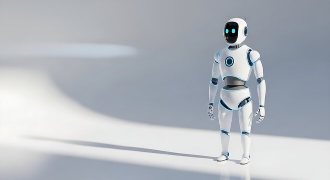 A futuristic robot stands alone on a sleek surface with a grey background.
