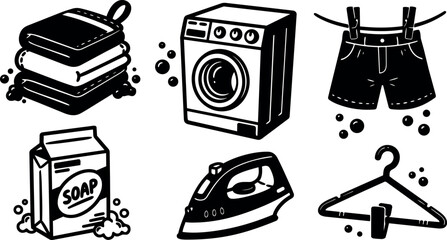 Fototapeta premium Line art laundry icons set close up washing machine iron soap box folded towels hanging shorts clothes hanger black silhouette