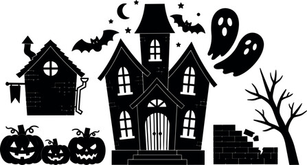 Fototapeta premium Flat design spooky haunted house close up with carved pumpkins flying bats two ghosts bare tree and broken wall night