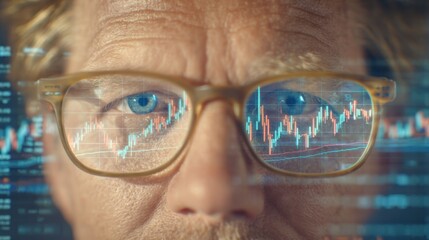 A man with glasses is looking at a computer screen with a graph