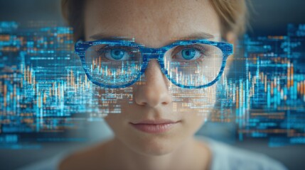 A woman is wearing blue glasses with a computer screen in front of her face