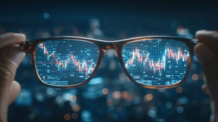 A person is holding a pair of glasses with a city view in the background
