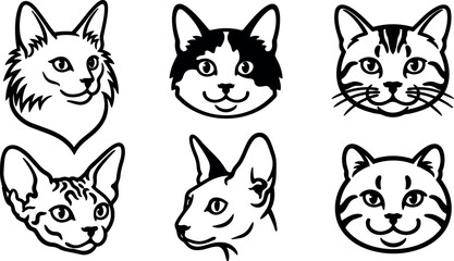 Fototapeta premium Minimal line art cat head set six icons close frontal and three quarter views cute vector flat design black white