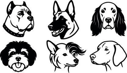 Obraz premium Line art vector dog head set six breed portraits black and white close up various expressions facing different angles detail