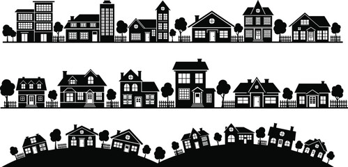 Naklejka premium Residential building silhouettes vector illustration, houses apartments townhouses with trees fences shrubs, decorative black and white neighborhood landscape artwork design