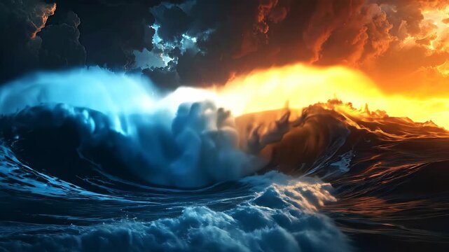 Dramatic Ocean Waves Colliding with Fiery Volcano Eruption.