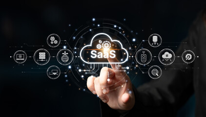 Visual representation of SaaS showing infrastructure, SaaS deployment, SaaS platform features, and SaaS integration model in digital environment. Spline
