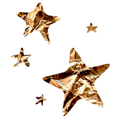 Several crinkled gold foil stars on transparent background isolated