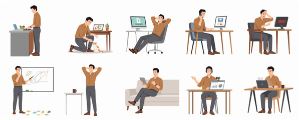Naklejka na ściany i meble Flat Design Various Poses of Man Working from Home Illustration Set