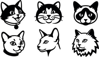 Obraz premium Line art cat head icon set six stylized feline faces front three quarter view playful expressions bold black and white
