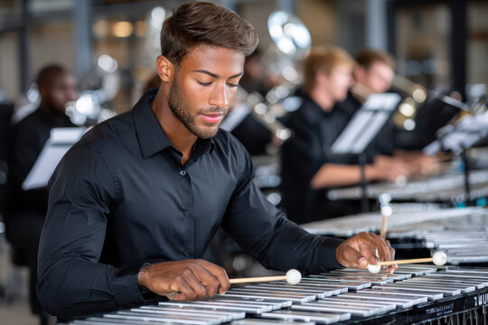Young musician plays vibraphone in a rehearsal with other performers in ensemble