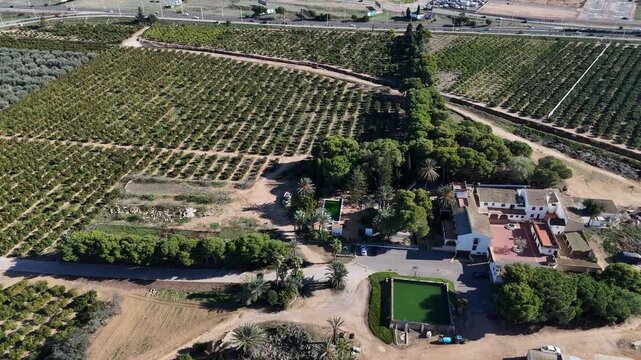 Aerial View of Spanish Citrus Farm Estate with Pool