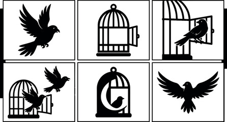 Fototapeta premium Flat design close up flying dove and open cage icons in multiple panels vector silhouette composition bold black contrast minimalist