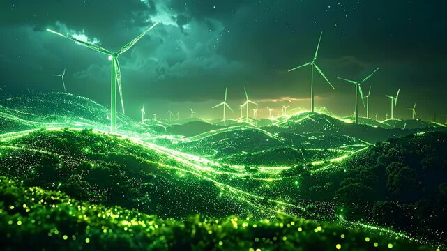 Renewable Energy Wind Turbines Over Lush Green Hills at Night.