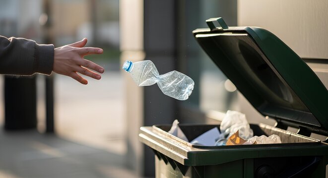  Person throwing plastic bottle into a green recycling bin, environmental protection and waste management concept.