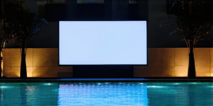 Outdoor cinema setup. Bright screen reflects upon pool water. Trees frame illuminated wall. Nighttime ambiance creates relaxing mood.