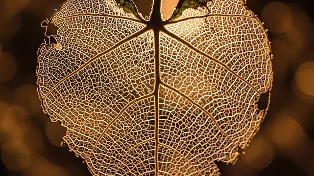 Intricate Skeletonized Leaf Illuminated With Warm Golden Light and Soft Bokeh Background