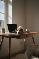 Dog resting on desk with laptop and coffee cup in sunny room  