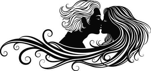 Fototapeta premium Black and white silhouette vector illustration of romantic couple kissing, artistic flowing hair design, intimate love moment, decorative abstract line art
