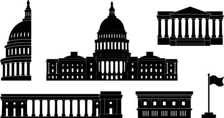 Naklejka premium Flat silhouette vector of united states capitol dome and classical government buildings with flag pole low angle black monumental front